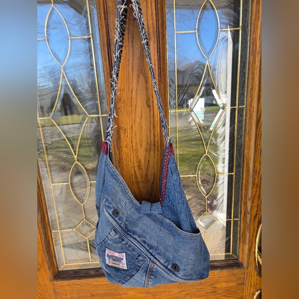 Denim Hobo Bag with Embroidered Trim - Blue - Picture 11 of 14